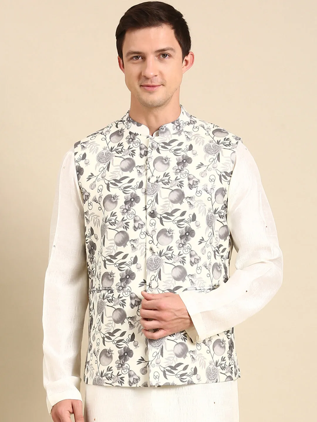 Grey/Cream Muslin Dgital Print Modi Jackets - MMWC0229