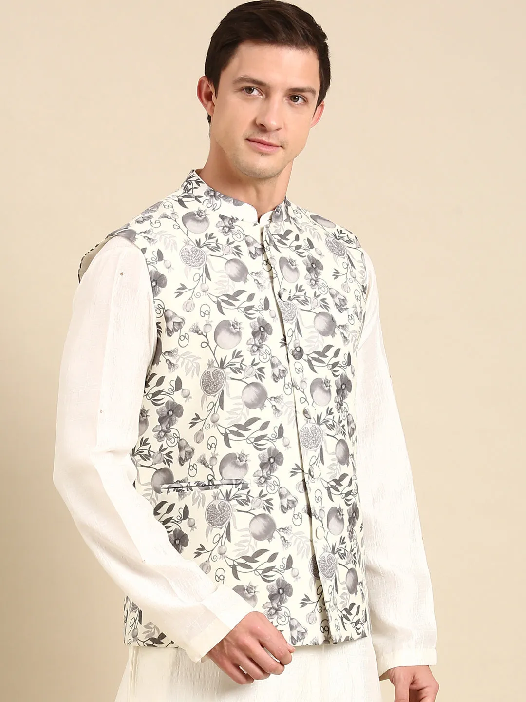 Grey/Cream Muslin Dgital Print Modi Jackets - MMWC0229