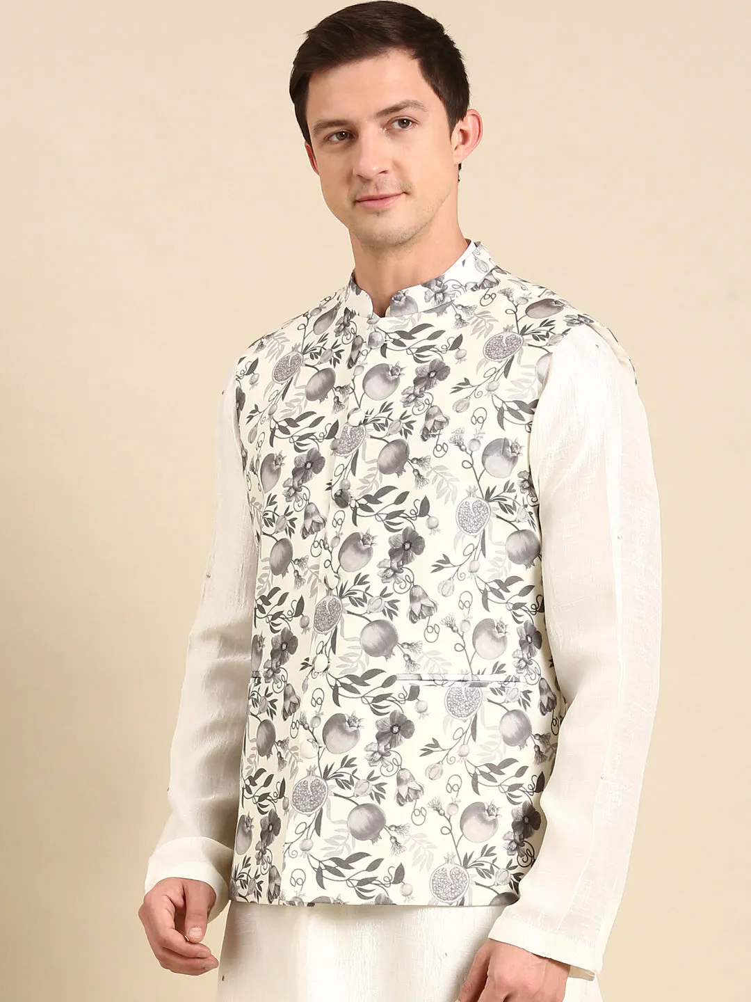 Grey/Cream Muslin Dgital Print Modi Jackets - MMWC0229