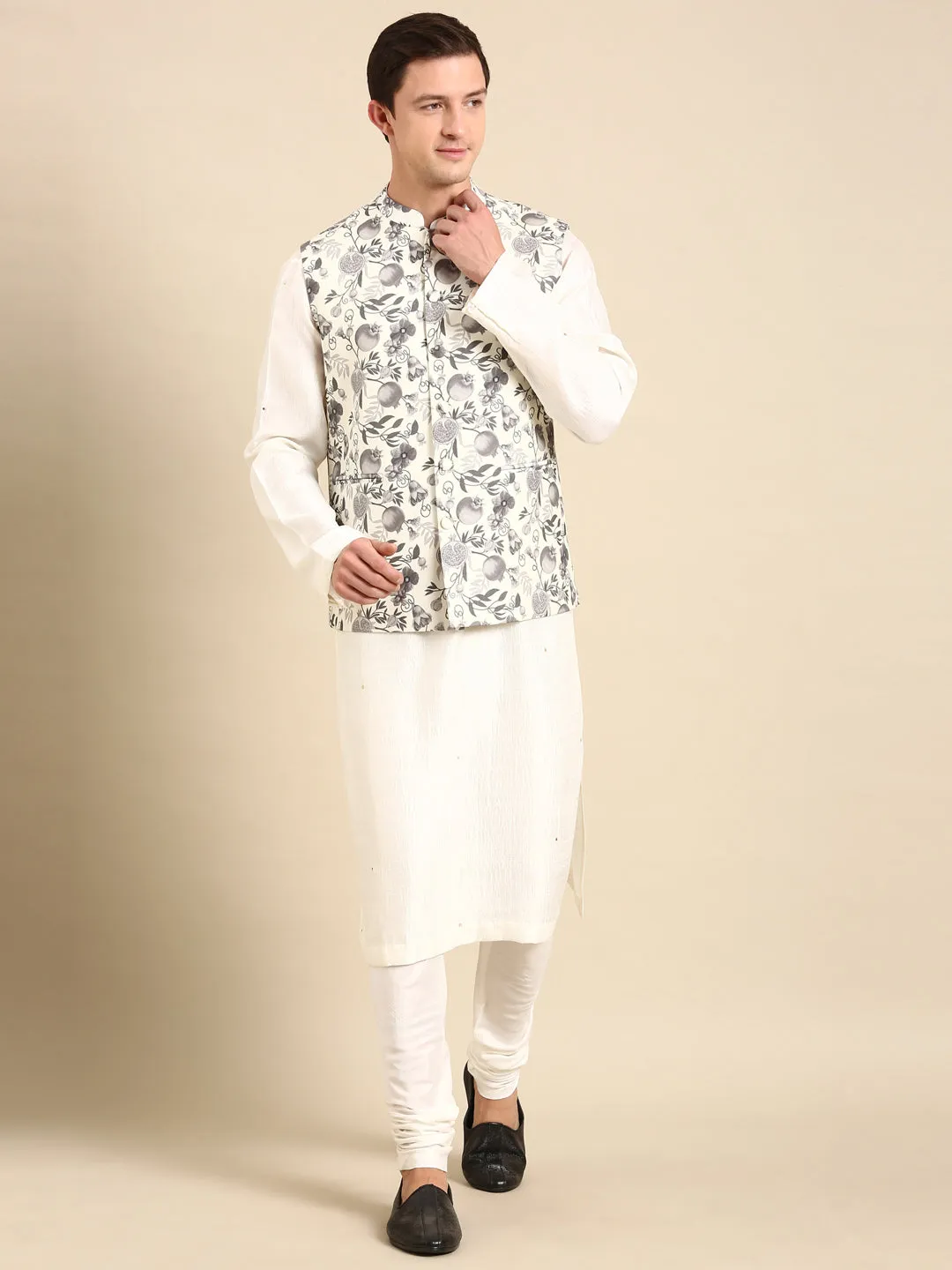 Grey/Cream Muslin Dgital Print Modi Jackets - MMWC0229