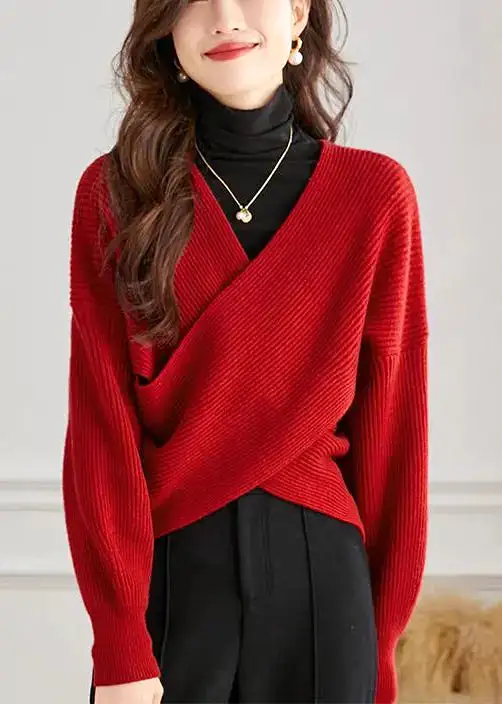 Handmade Red V Neck Cross Connection Knit Tops Spring HA1063