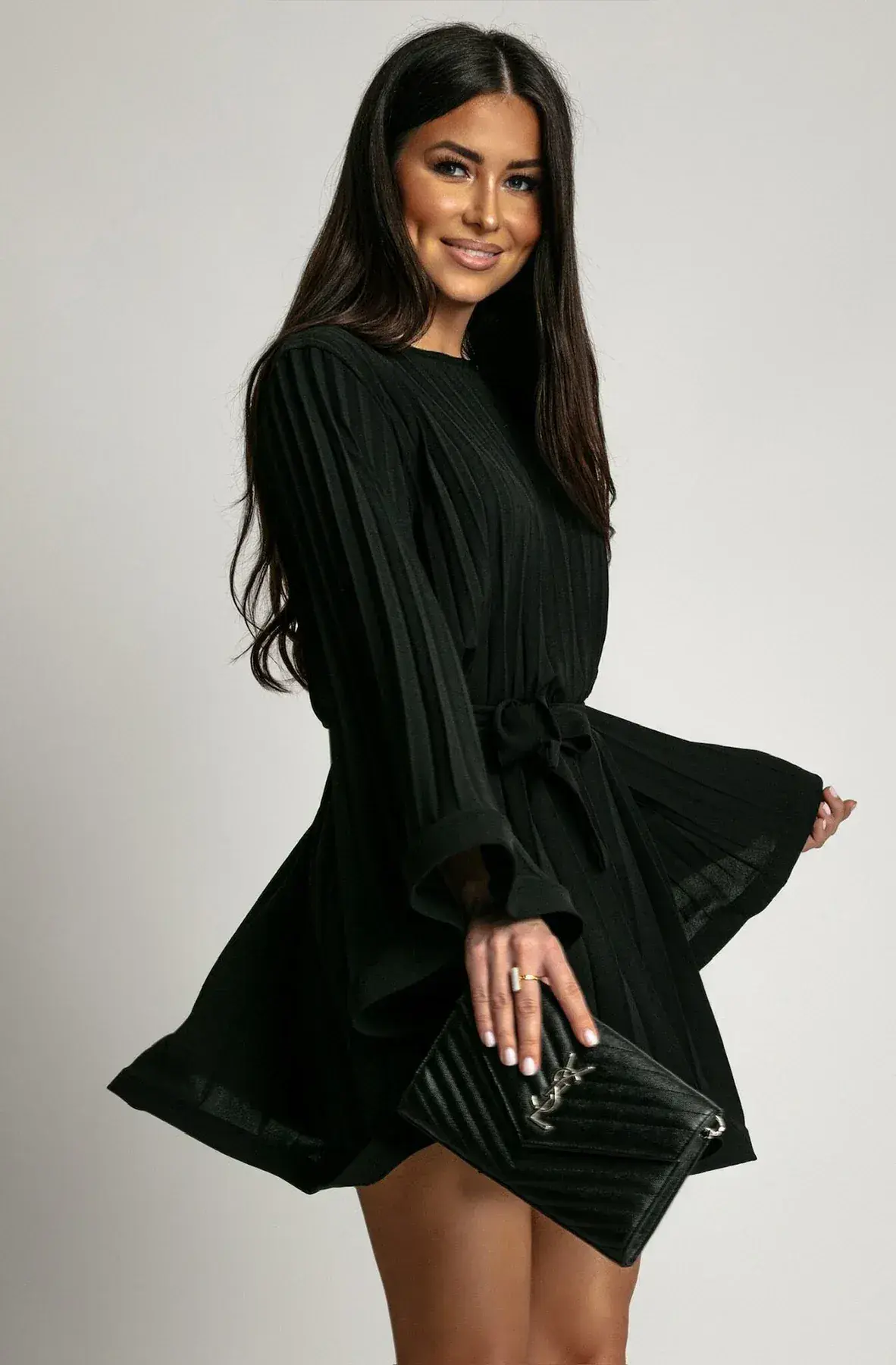 Heather Pleated Flute Sleeves Frill Dress - Black