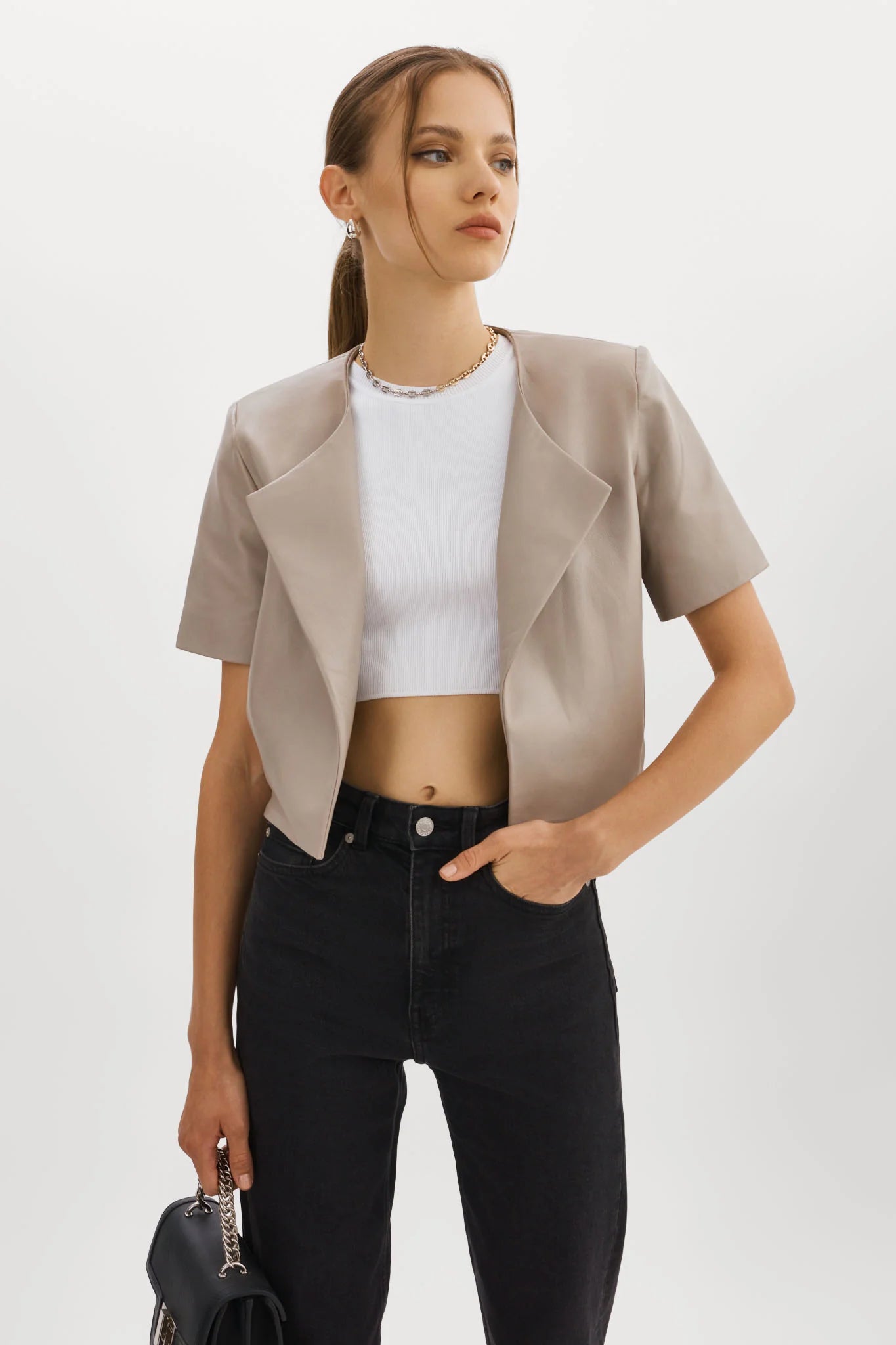 Lamarque Daria Cropped Leather Jacket in Stone