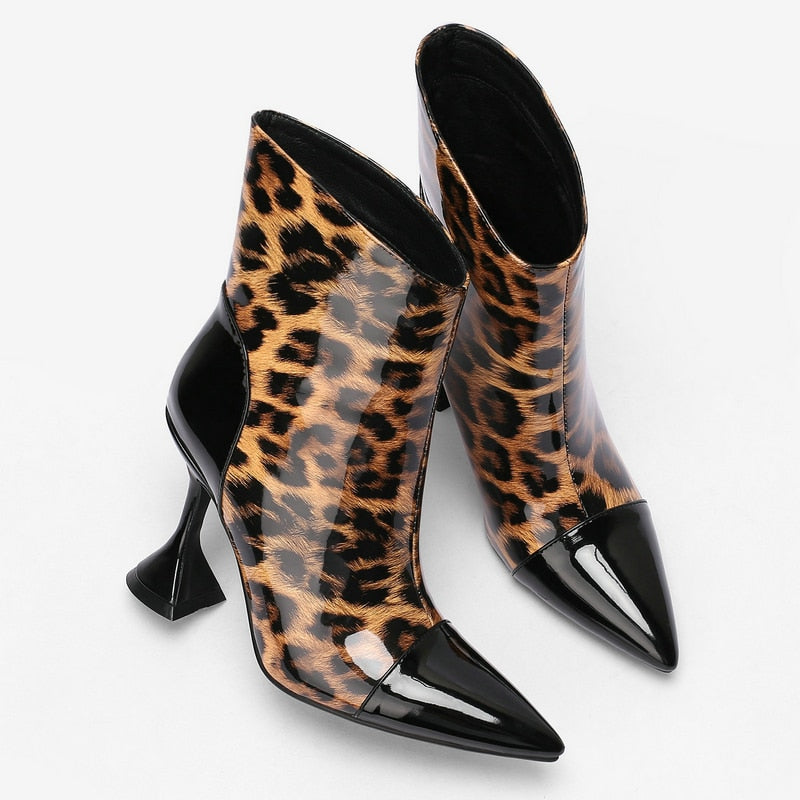 Leopard Fashion Women's Patent Leather Pointed Toe Thin Heels Ankle Boots