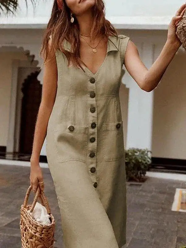 Linen Maxi Dress with V-Neck and Button Detailing