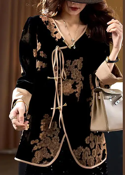 Loose Black V Neck Lace Up Print Silk Velour Shirt Spring QA1088