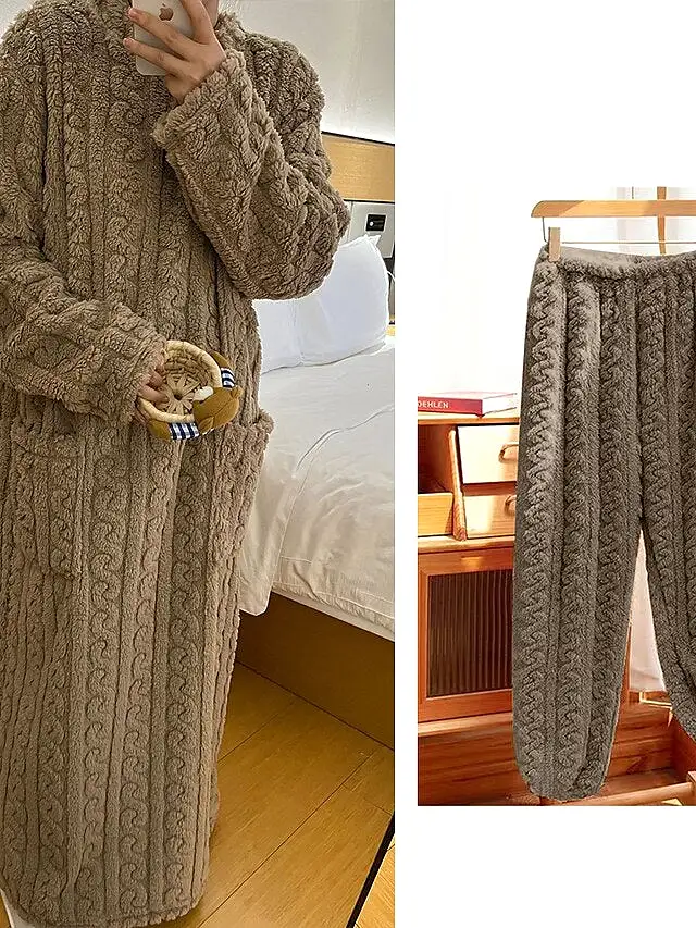 Luxurious Plush Loungewear Ensemble: Women's Robe Dress & Fleece Pajama Bottoms