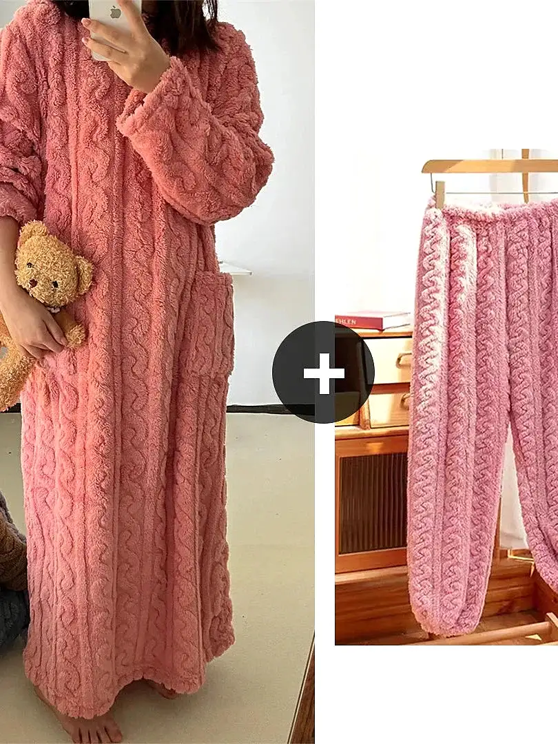 Luxurious Plush Loungewear Ensemble: Women's Robe Dress & Fleece Pajama Bottoms