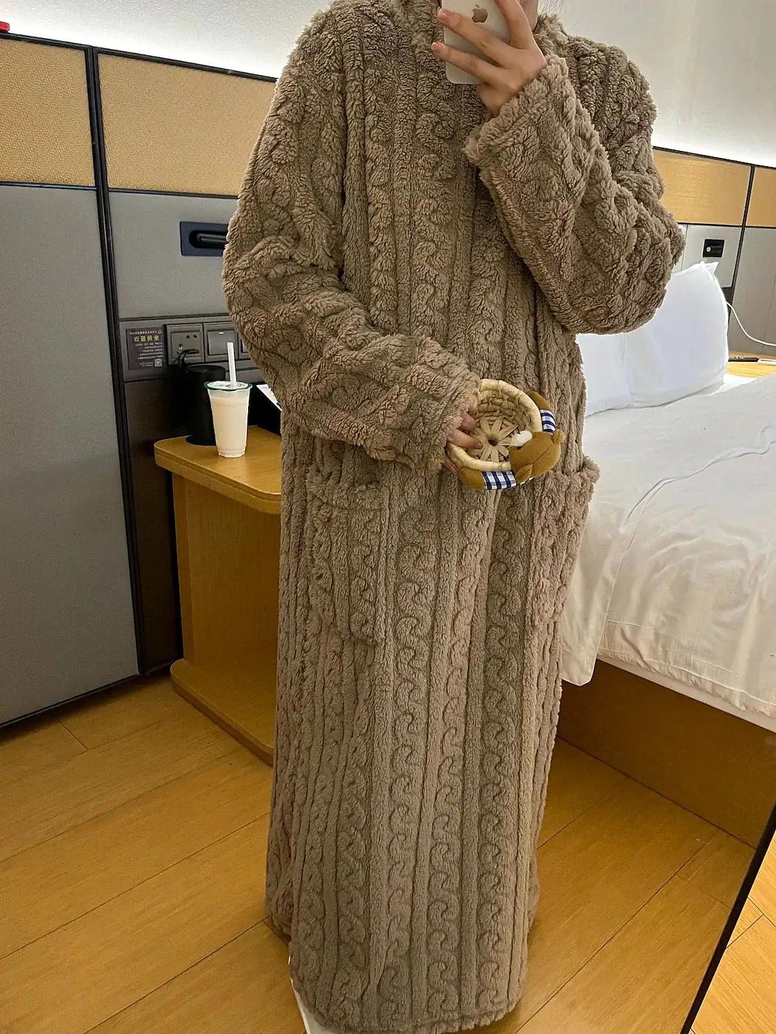 Luxurious Plush Loungewear Ensemble: Women's Robe Dress & Fleece Pajama Bottoms