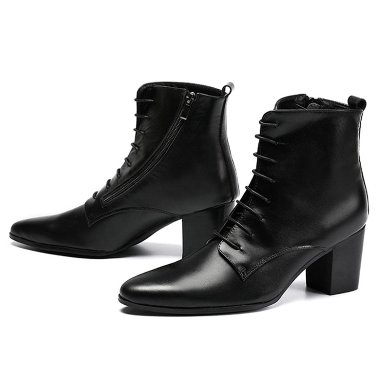 Men's Black Cowhide Genuine Leather Lace-up High Heel Knight Boots