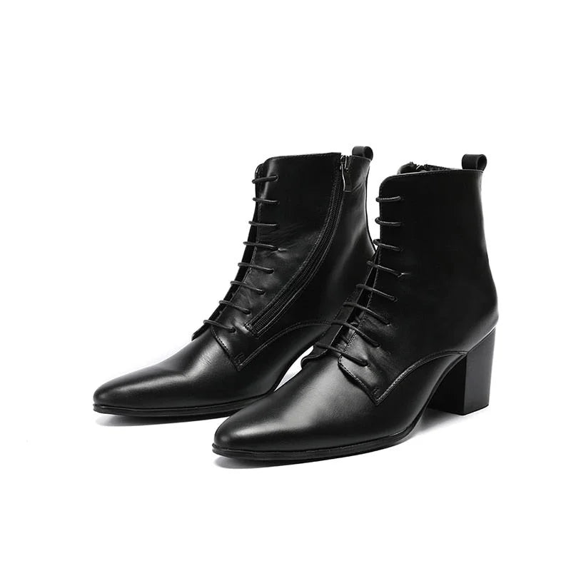 Men's Black Cowhide Genuine Leather Lace-up High Heel Knight Boots