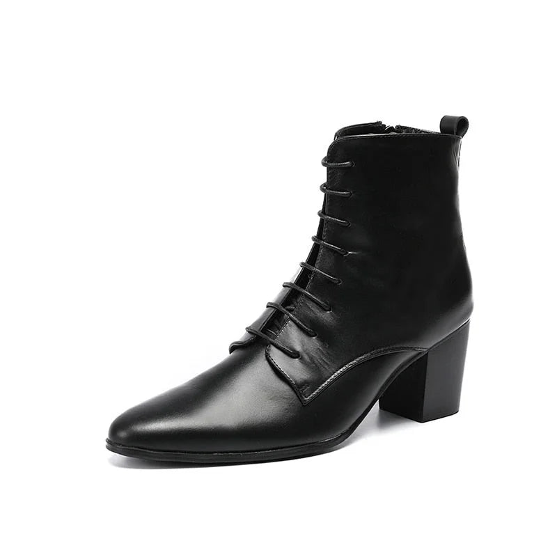 Men's Black Cowhide Genuine Leather Lace-up High Heel Knight Boots