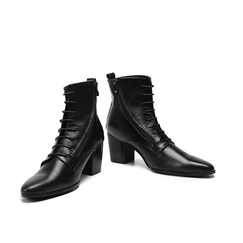 Men's Black Cowhide Genuine Leather Lace-up High Heel Knight Boots