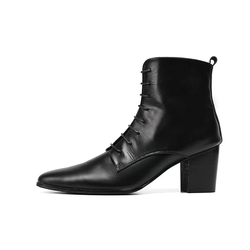 Men's Black Cowhide Genuine Leather Lace-up High Heel Knight Boots