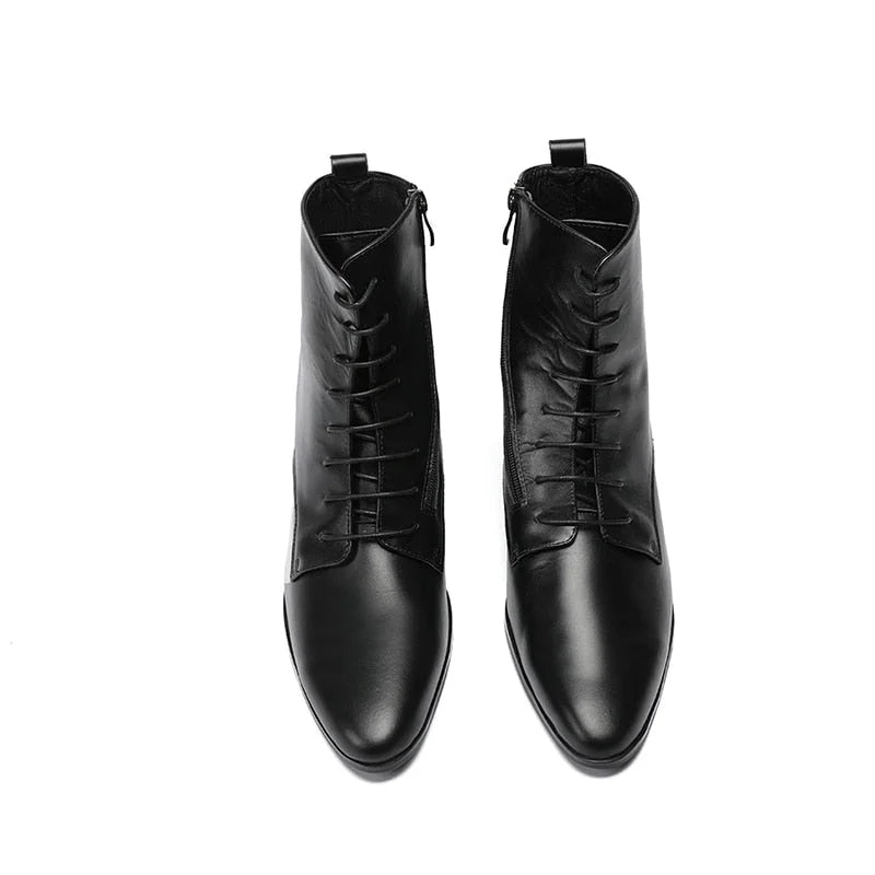 Men's Black Cowhide Genuine Leather Lace-up High Heel Knight Boots