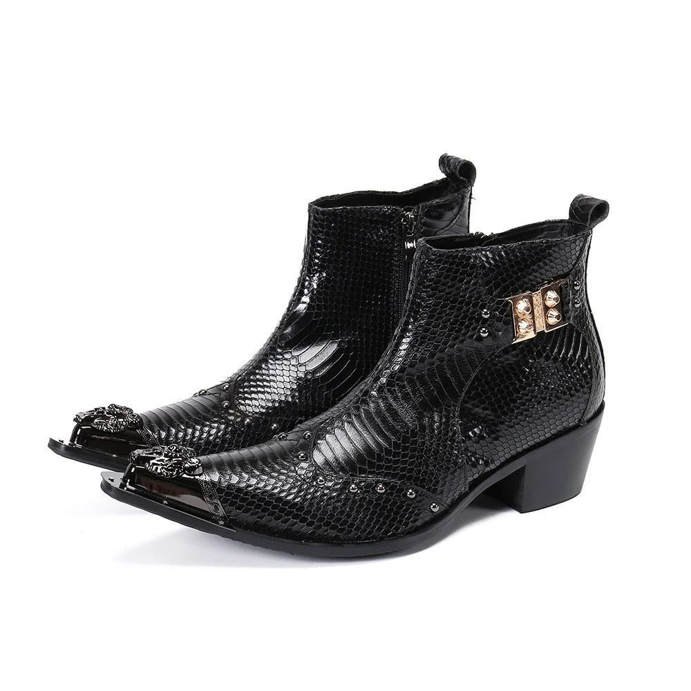 Men's Black Genuine Leather Pointed Toe 6.5cm Heels Short Ankle Boots