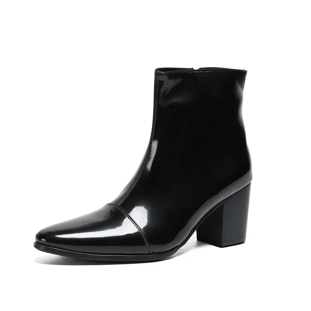 Men's Black Leather Pointed Toe 7cm High Heel Zipper Business Ankle Boots