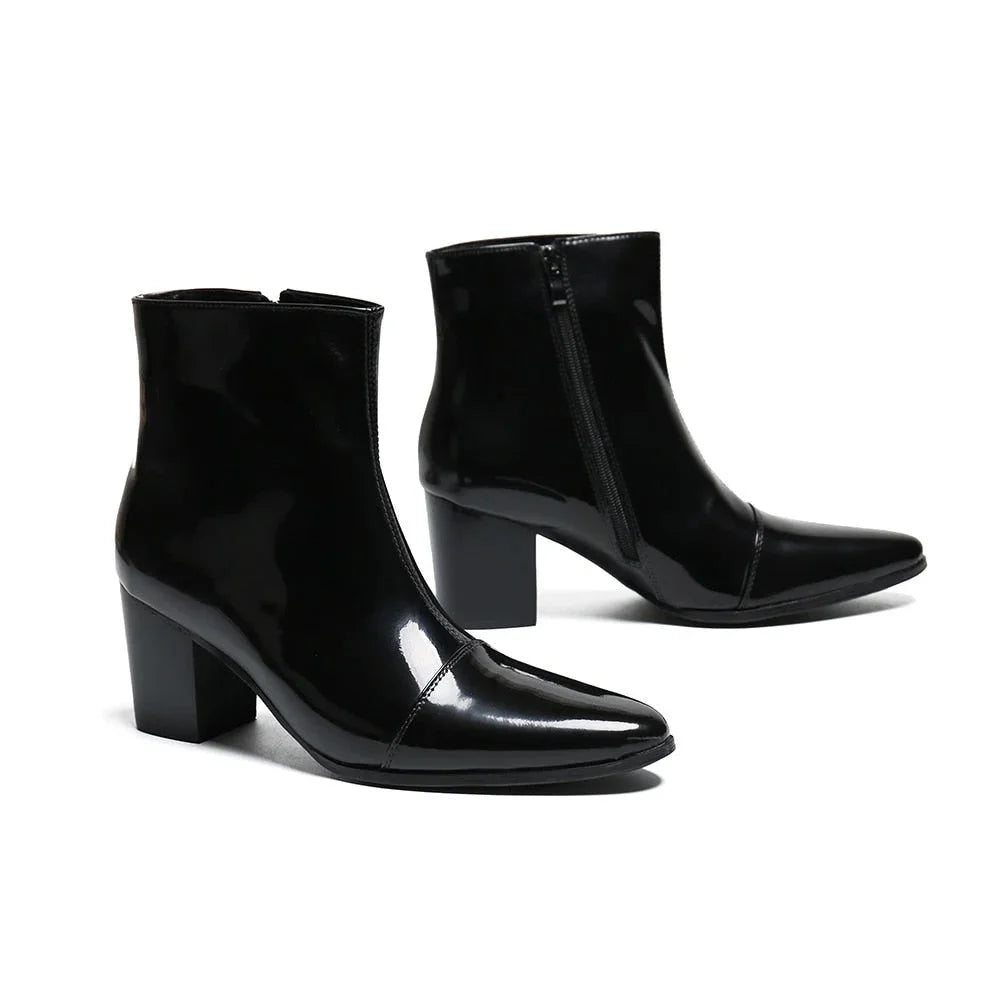 Men's Black Leather Pointed Toe 7cm High Heel Zipper Business Ankle Boots