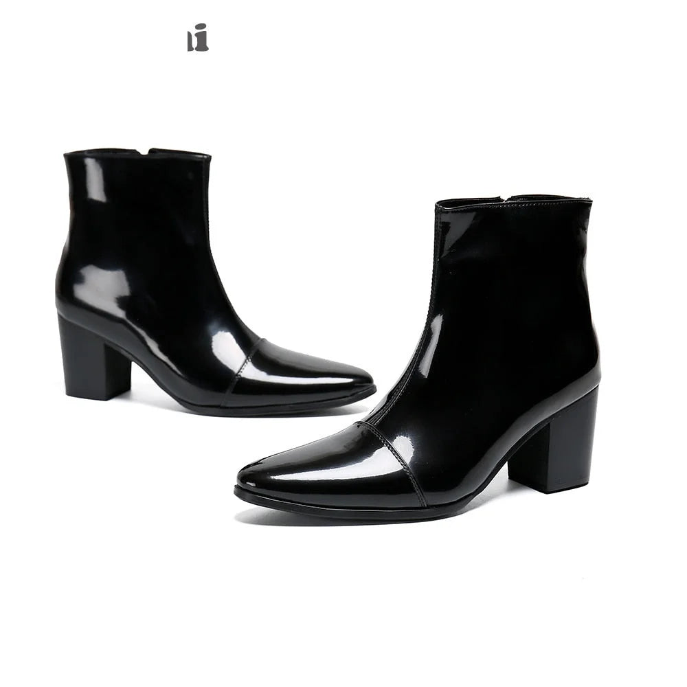 Men's Black Leather Pointed Toe 7cm High Heel Zipper Business Ankle Boots