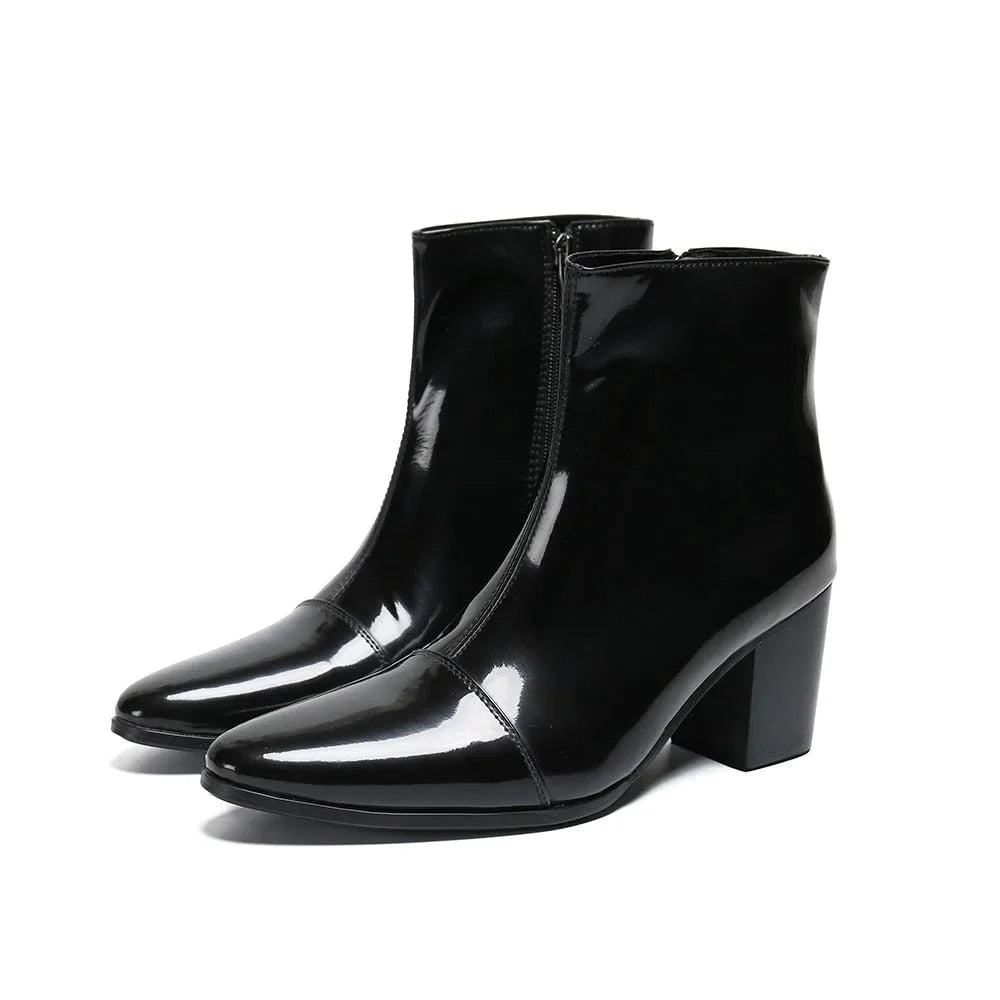 Men's Black Leather Pointed Toe 7cm High Heel Zipper Business Ankle Boots