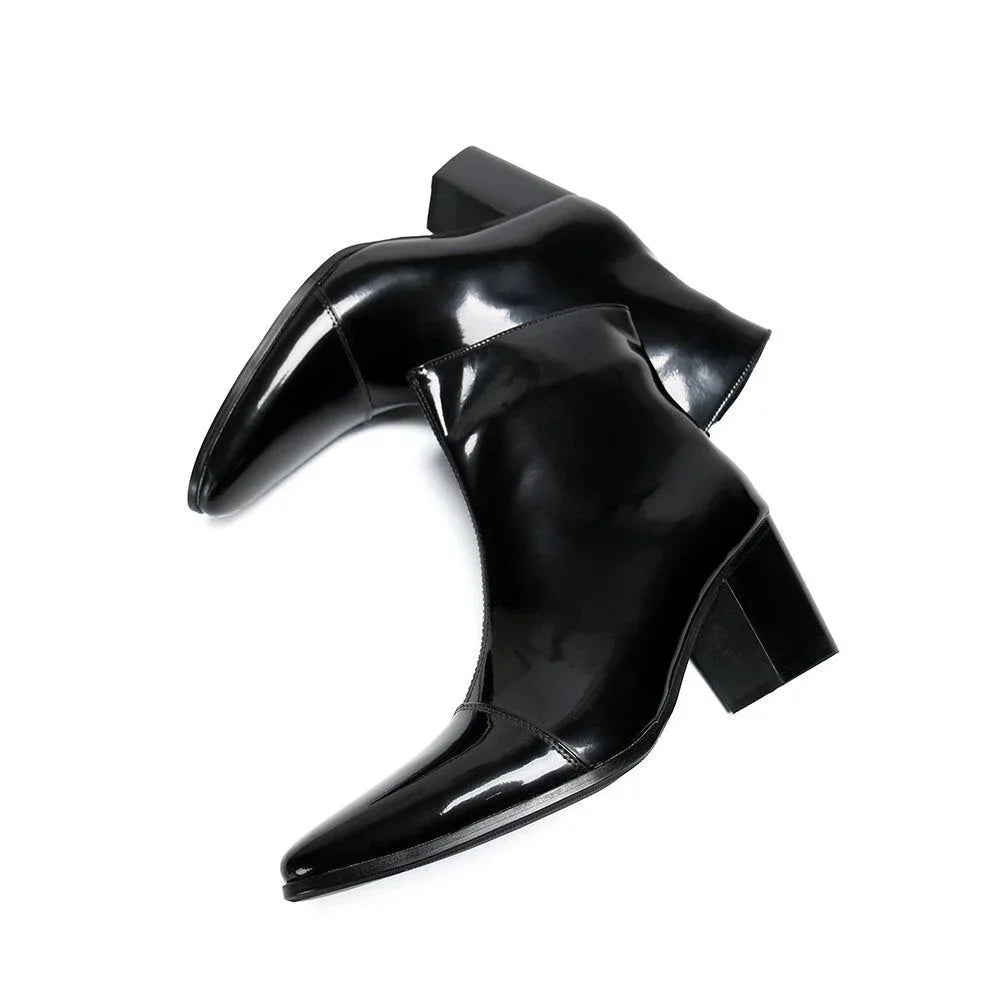 Men's Black Leather Pointed Toe 7cm High Heel Zipper Business Ankle Boots