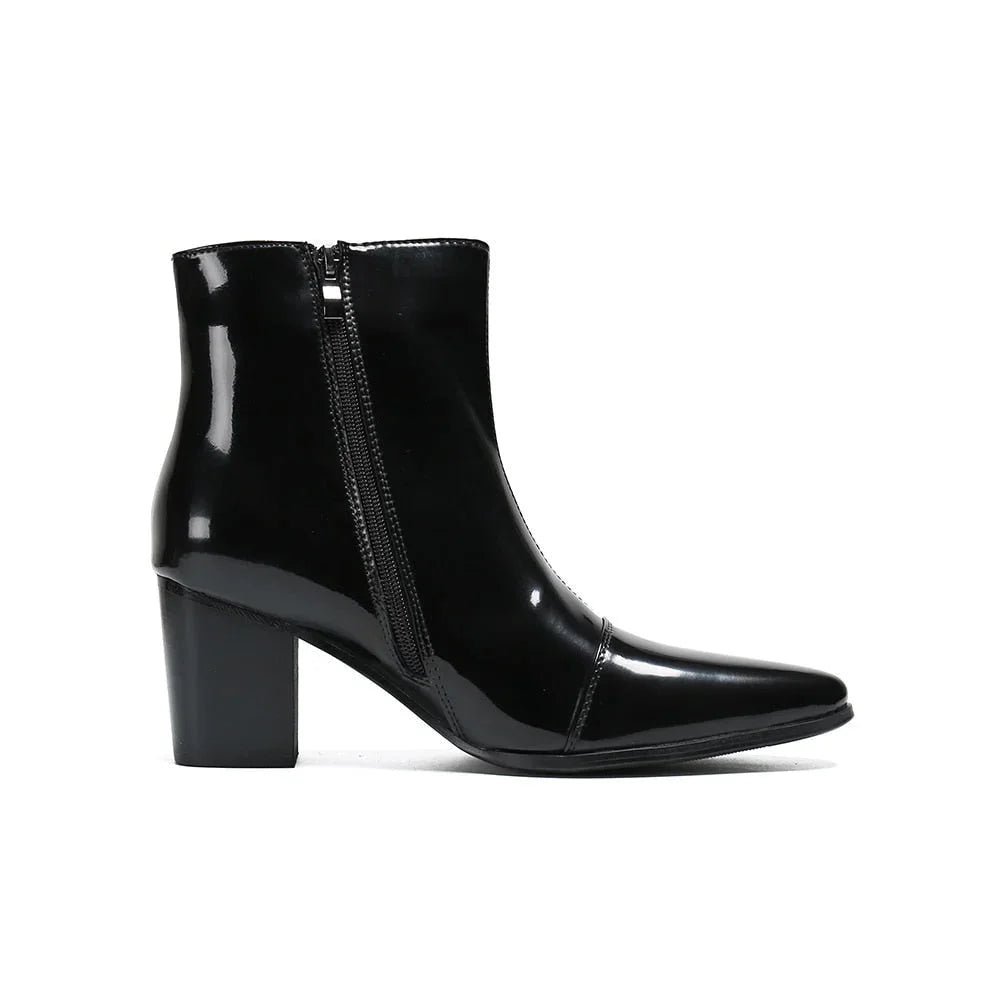 Men's Black Leather Pointed Toe 7cm High Heel Zipper Business Ankle Boots