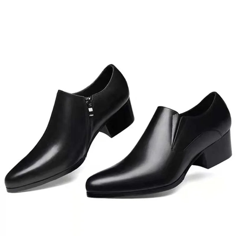 Men's British Cowhide Leather Pointed Toe 5cm High Heels Zipper Dress Shoes