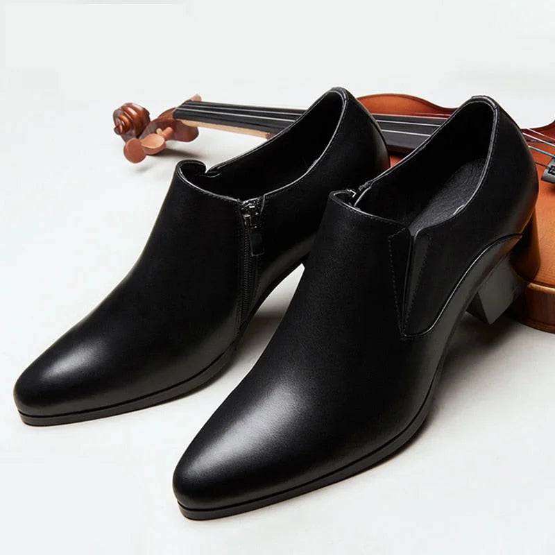 Men's British Cowhide Leather Pointed Toe 5cm High Heels Zipper Dress Shoes