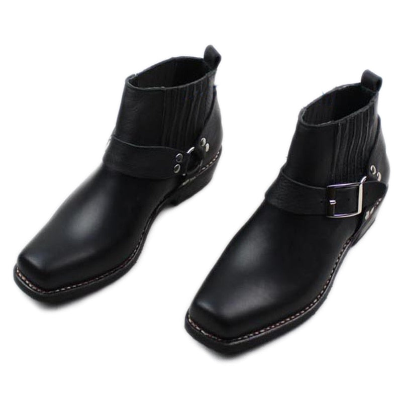 Men's Handmade Western Genuine Leather Square Head Motorcycle Ankle Boots