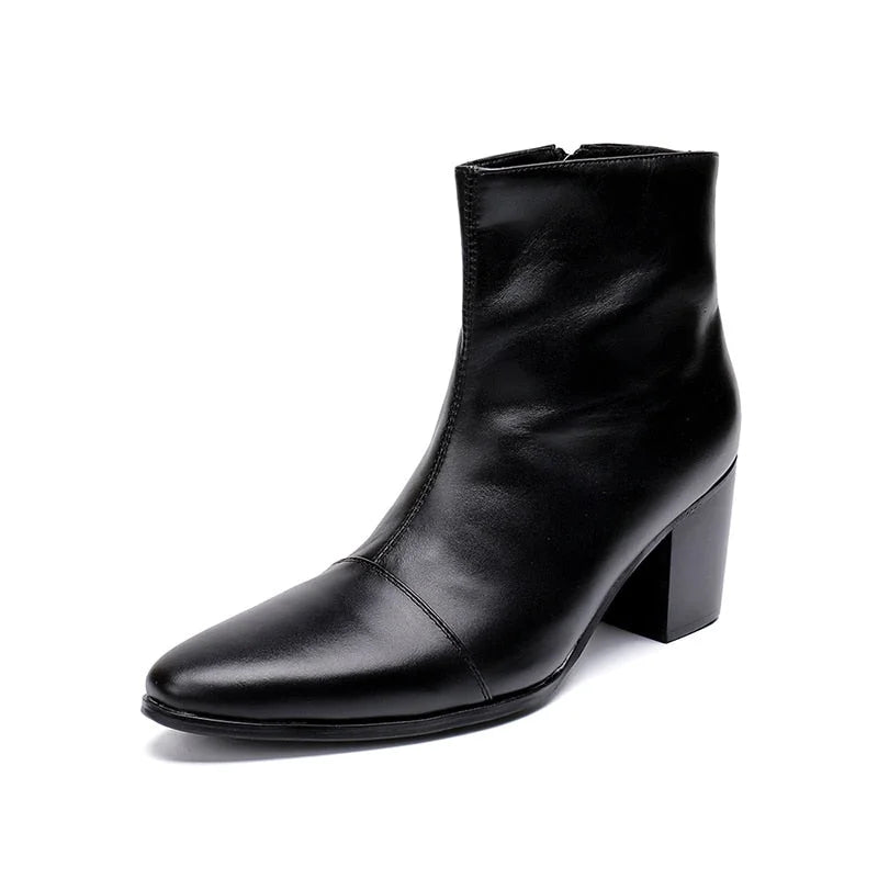 Men's Handsome Black Genuine Leather 7cm High Heels Ankle Knight Boots