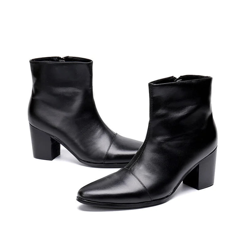 Men's Handsome Black Genuine Leather 7cm High Heels Ankle Knight Boots