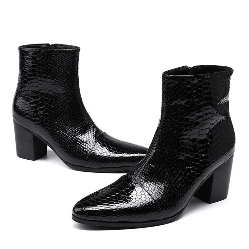 Men's Handsome Black Genuine Leather 7cm High Heels Ankle Knight Boots