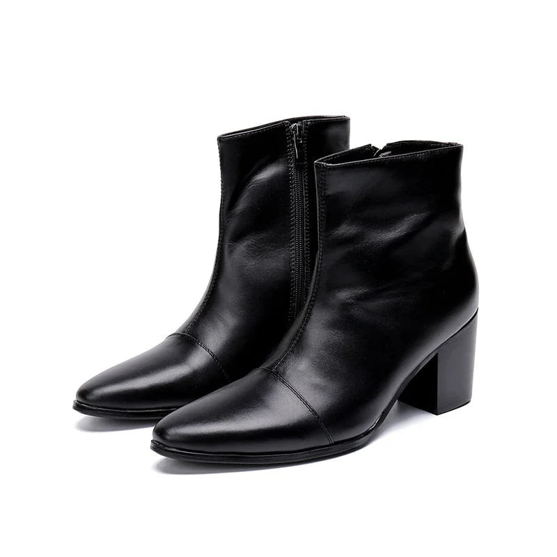 Men's Handsome Black Genuine Leather 7cm High Heels Ankle Knight Boots