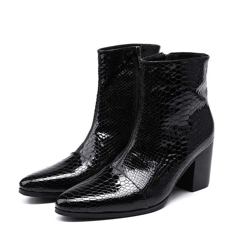 Men's Handsome Black Genuine Leather 7cm High Heels Ankle Knight Boots