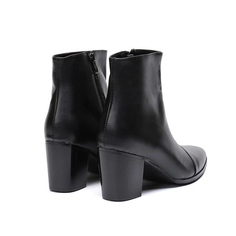 Men's Handsome Black Genuine Leather 7cm High Heels Ankle Knight Boots