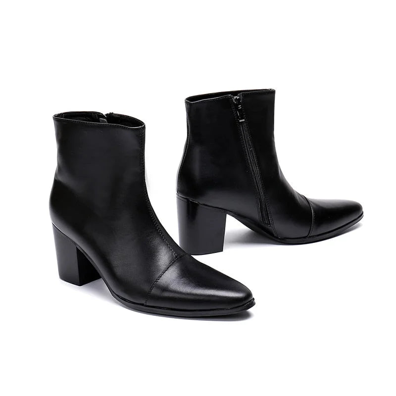 Men's Handsome Black Genuine Leather 7cm High Heels Ankle Knight Boots