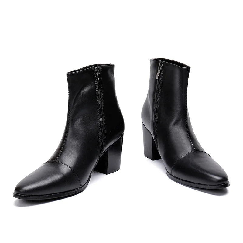 Men's Handsome Black Genuine Leather 7cm High Heels Ankle Knight Boots