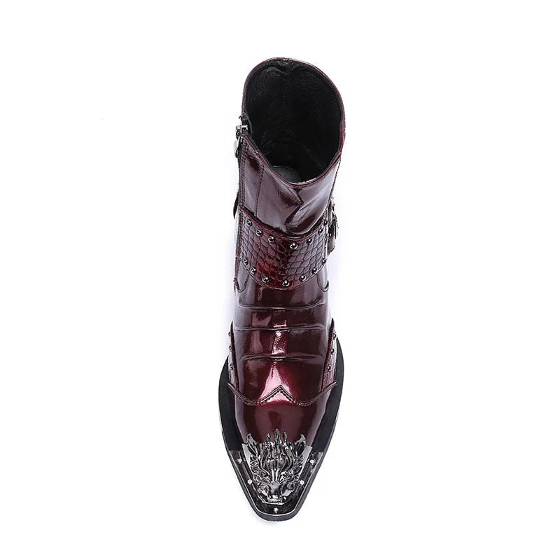 Men's Punk Genuine Leather Iron Pointed Toe Zipper Buckles Ankle Boots