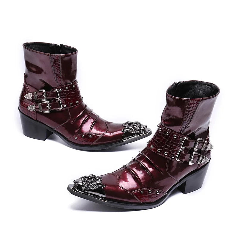 Men's Punk Genuine Leather Iron Pointed Toe Zipper Buckles Ankle Boots