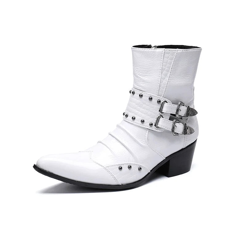 Men's Stylish White Leather Pointed Toe Rivet 6.5cm Heels Ankle Boots