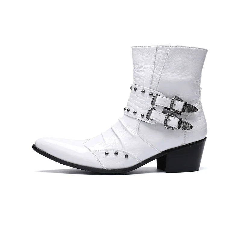 Men's Stylish White Leather Pointed Toe Rivet 6.5cm Heels Ankle Boots