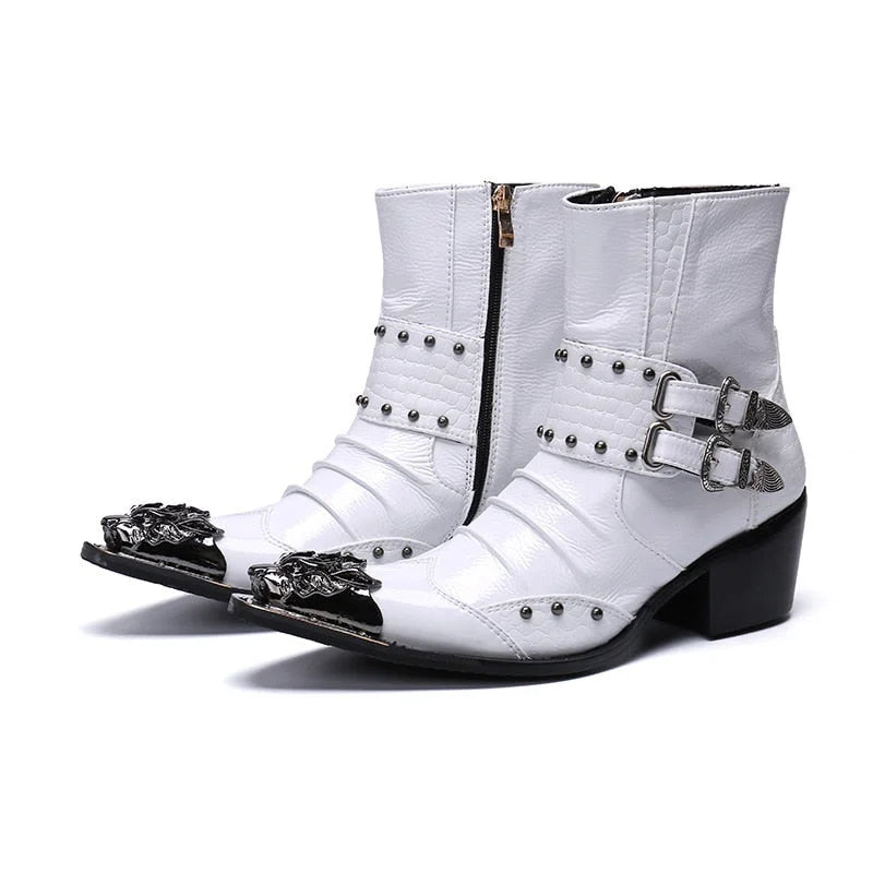 Men's Stylish White Leather Pointed Toe Rivet 6.5cm Heels Ankle Boots