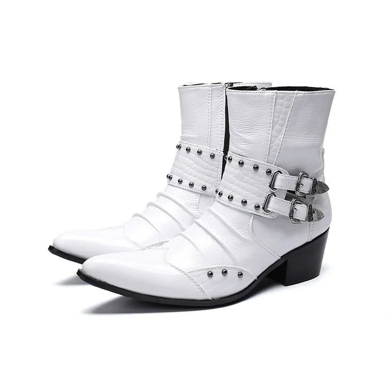 Men's Stylish White Leather Pointed Toe Rivet 6.5cm Heels Ankle Boots