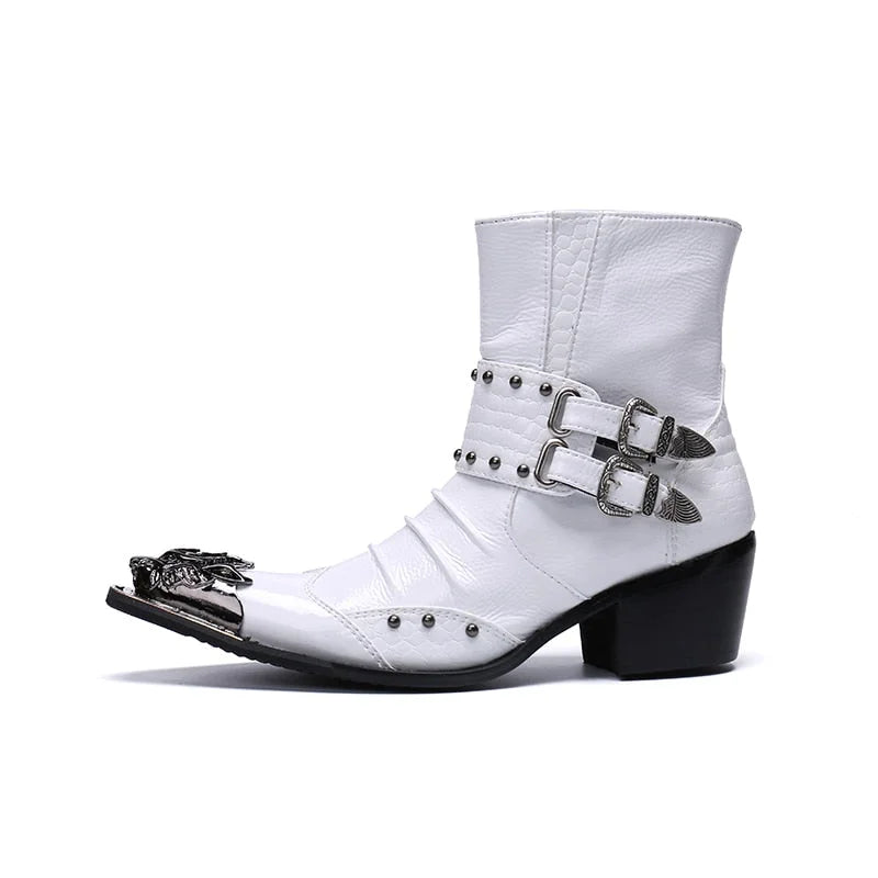 Men's Stylish White Leather Pointed Toe Rivet 6.5cm Heels Ankle Boots