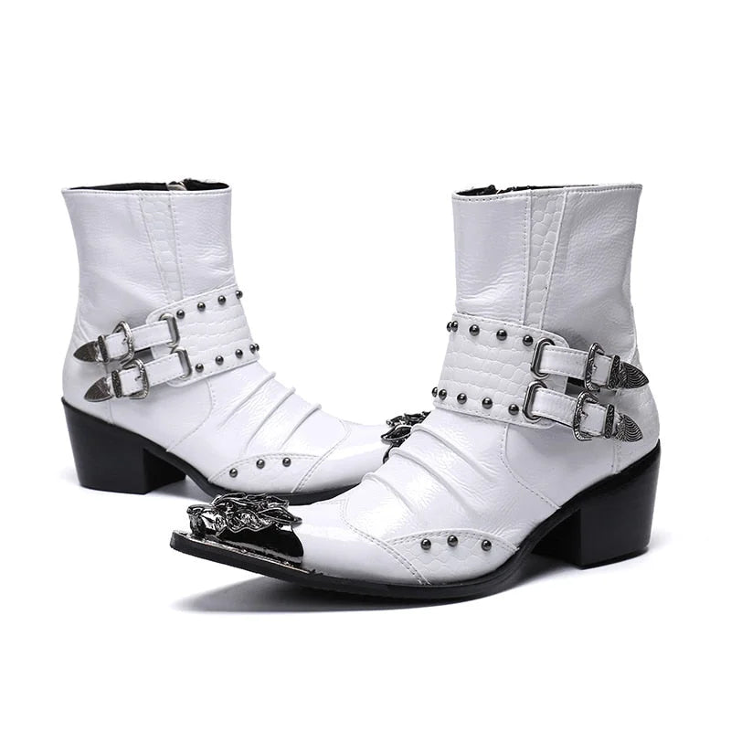 Men's Stylish White Leather Pointed Toe Rivet 6.5cm Heels Ankle Boots