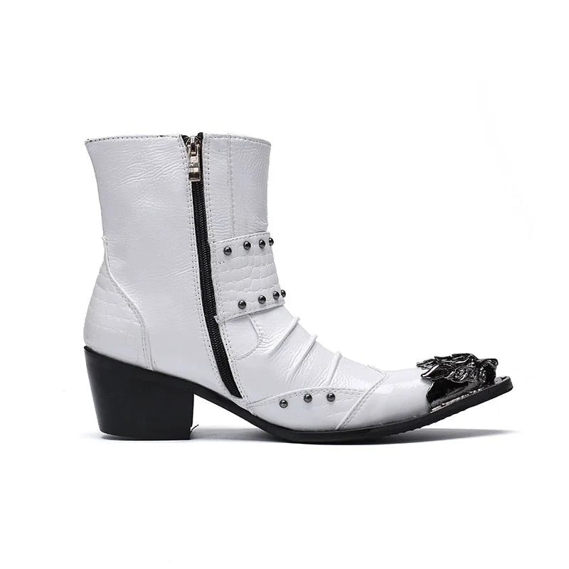 Men's Stylish White Leather Pointed Toe Rivet 6.5cm Heels Ankle Boots