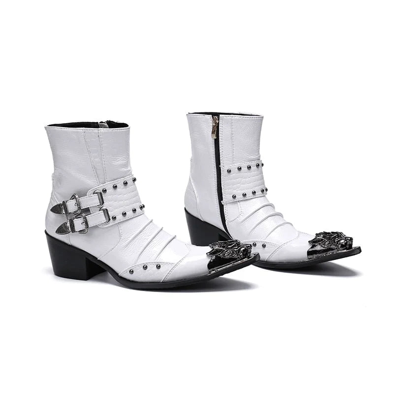 Men's Stylish White Leather Pointed Toe Rivet 6.5cm Heels Ankle Boots