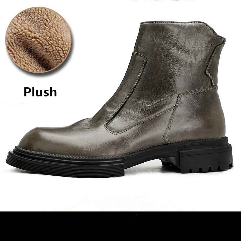 Men's Winter Classical Zipper Full Grain Leather Casual Mid-calf Boots