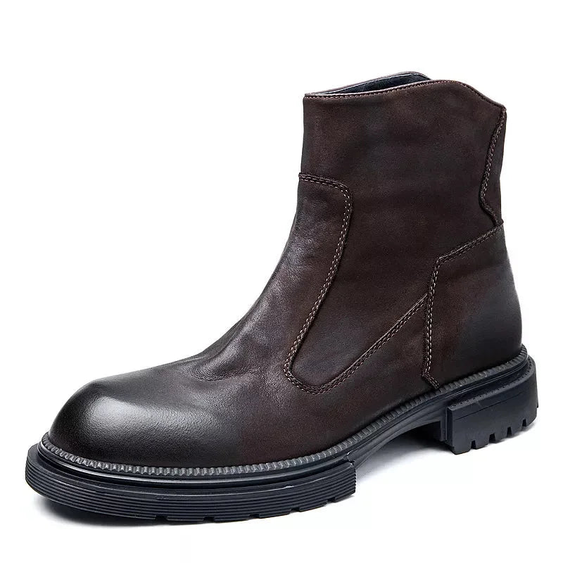 Men's Winter Classical Zipper Full Grain Leather Casual Mid-calf Boots