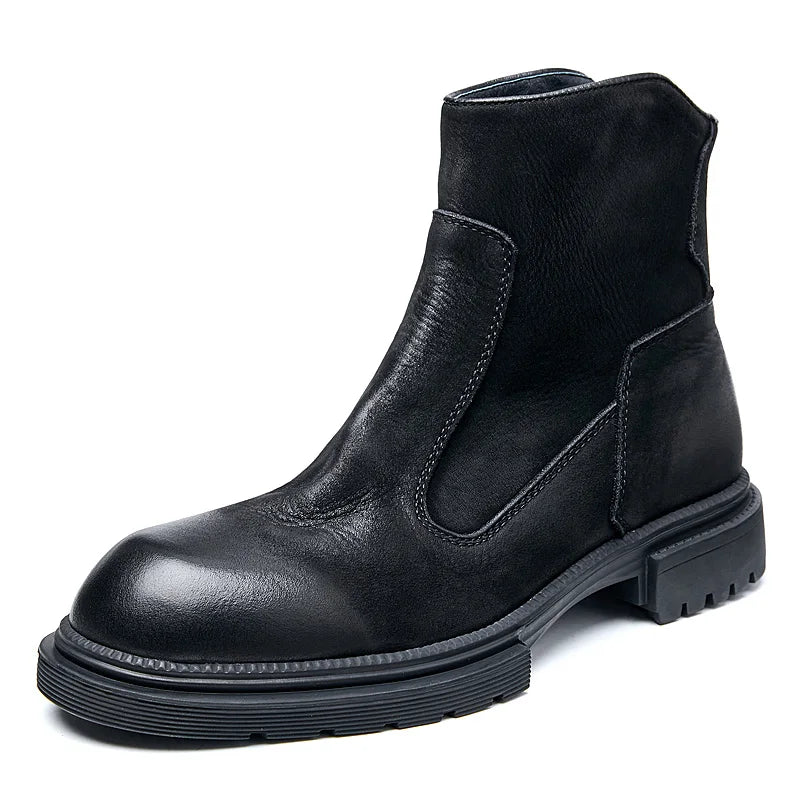 Men's Winter Classical Zipper Full Grain Leather Casual Mid-calf Boots